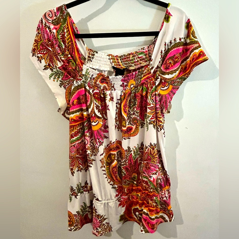 Vintage Lane Bryant Cap sleeve smocked Paisley Print  ruffle hem top size 14/16